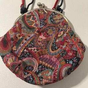 VTG 60's Kiss Lock Coin Purse Small Bag Tapestry Paisley Red Blue Green Gold